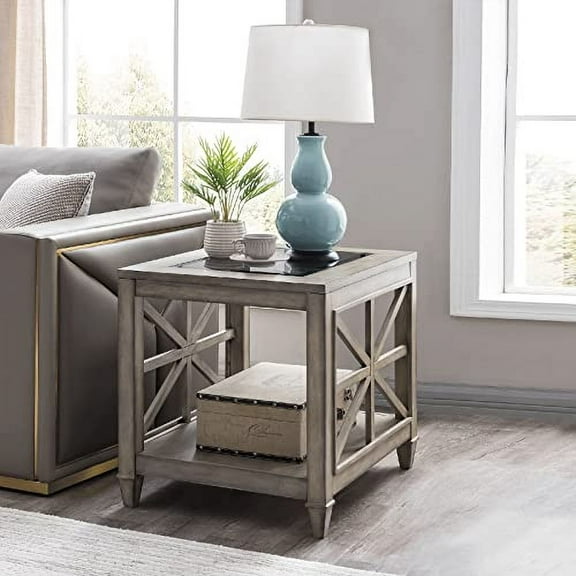 Solid Wood End Tables, Tempered Glass Top End Tables Living Room28" x 24"Desktop End Table, End Tables Bedroom Grey Wash