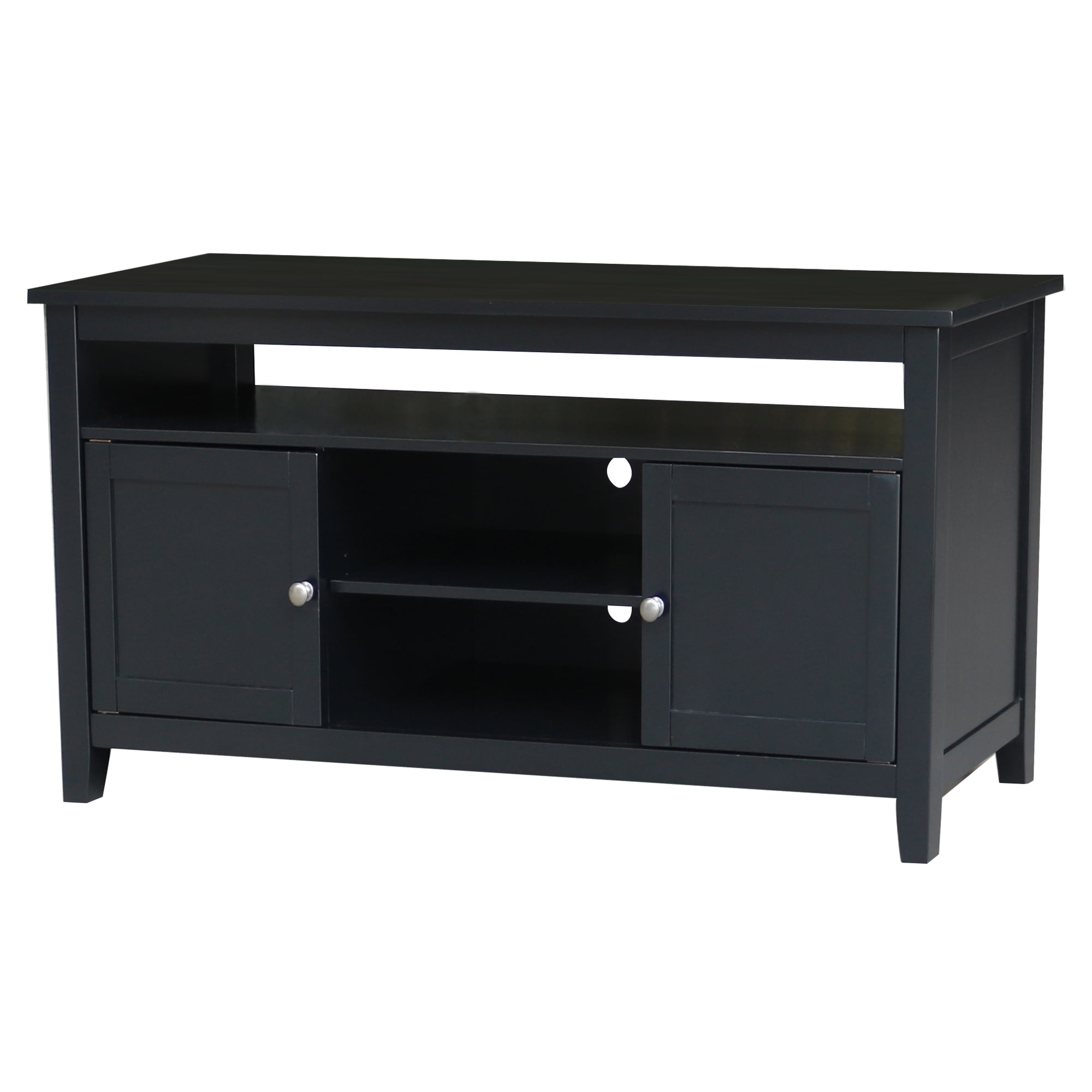 Black Solid Wood TV Stand with Cabinets and Shelves