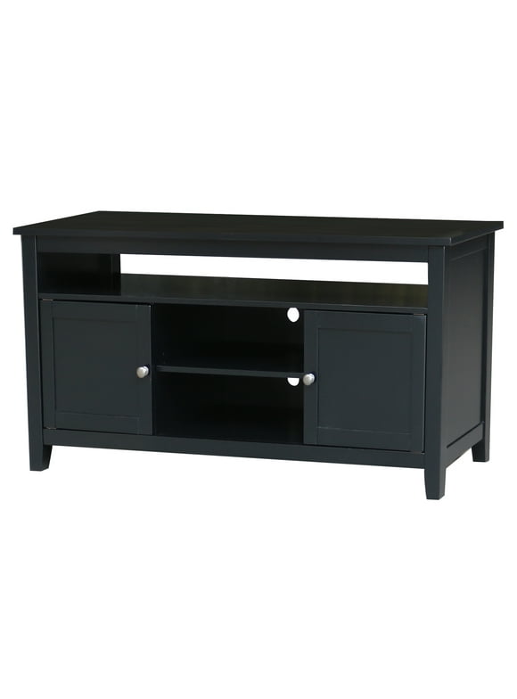 Solid Wood Entertainment / TV Stand with Open Shelves and 2 Doors in Black