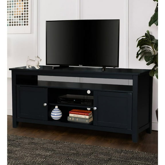Solid Wood Entertainment / TV Stand with Open Shelves and 2 Doors in Black