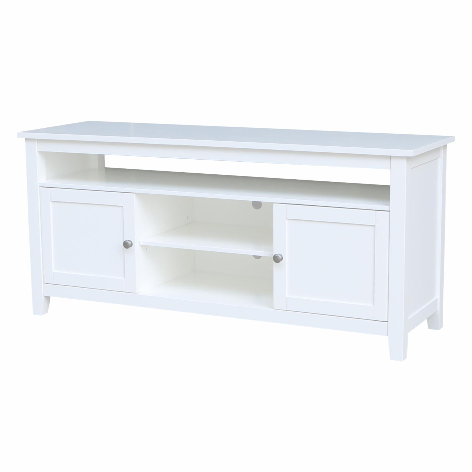 Classic Solid Wood White TV Stand with Open Shelves and Cabinet