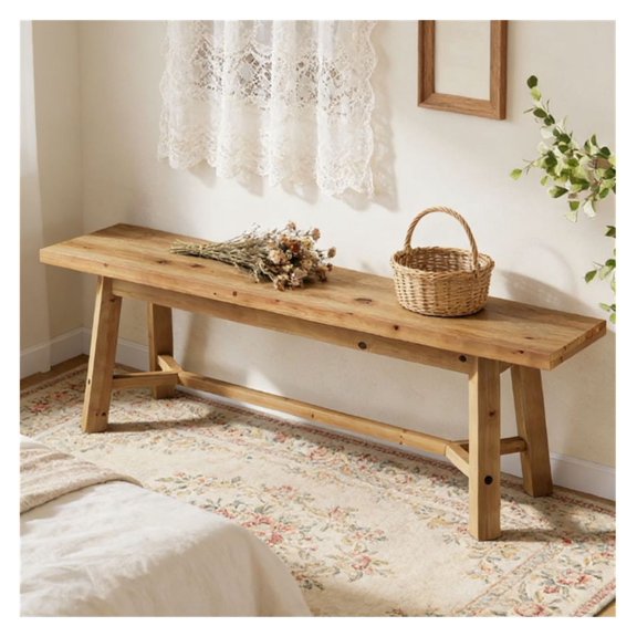 Solid Wood Entrance Shoe Bench, 55 Inch Dining Chair, Rustic Farmhouse Style Stool