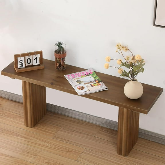 Solid Wood Entryway  - 43.3" Fluted Farmhouse , Indoor Long Dining Benches Seat Narrow End of Bed Benches for Entry Way, Kitchen, Living Room and Bedroom, Brown