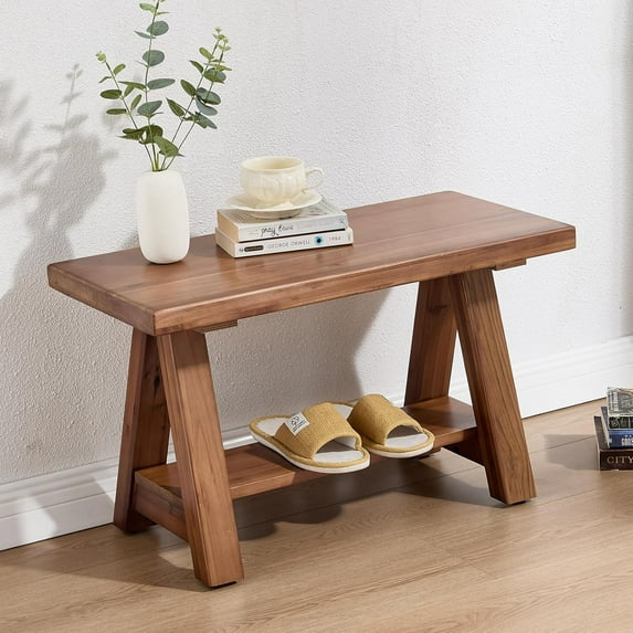 Solid Wood Entryway Bench, 30" Rustic Small Storage Bench 2-Tier Farmhouse Wooden Bench with Shelf Narrow Bench Seat Indoor for Entryway, Living Room, Dining Room, Hallway, Walnut