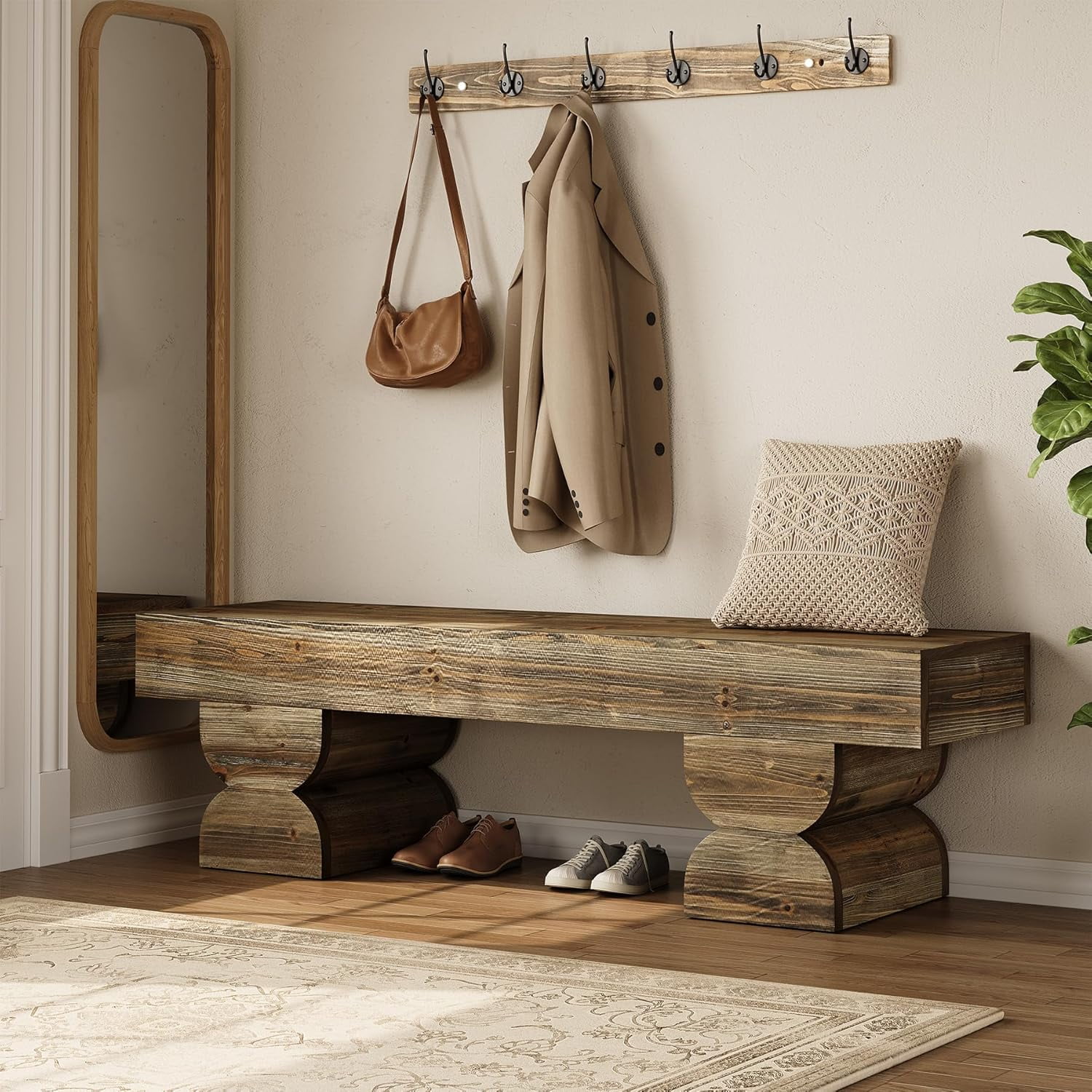 Solid Wood Entryway Bench, 59-Inch Farmhouse Shoe Bench with