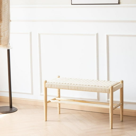 Solid Wood Entryway Bench with Shoe Storage, Rustic Oak Wood and Woven Design 31.5 Inch Long Seating for Living and Dining Rooms,Nature