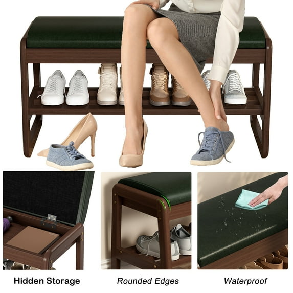Solid Wood Entryway Bench with Shoe Storage, Soft Cushion, 2-Tier Shoe Rack & Lift-Top Hidden Space for Hallway, Front Door, Living Room
