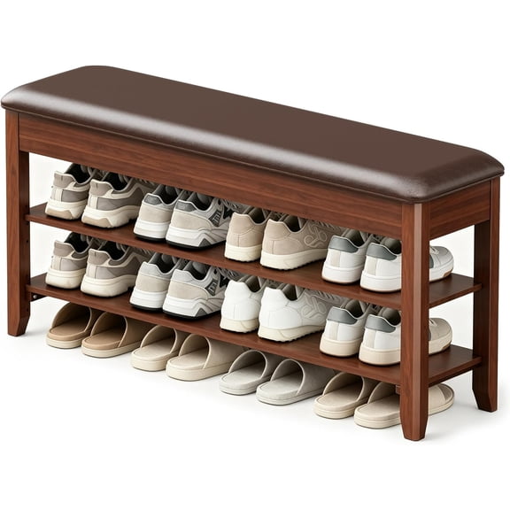 Solid Wood Entryway Shoe Bench with Storage, Adjustable 2-Tier Shoe Rack, Flip-Top Hidden Compartment, Padded Leather Seat, Heavy-Duty 550 lb Capacity for Entryway, Mudroom, Closet 31.5 inch