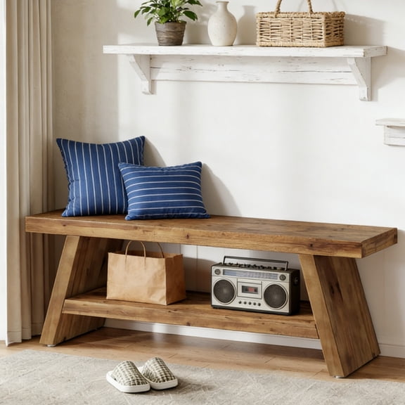 Solid Wood Entryway Storage Bench Rustic Open Shelf Shoe Bench Multi-Purpose Seat for Hallway Bedroom Dining Room