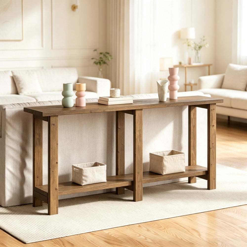 Solid Wood Farmhouse Console Table, 2-Tier Open Storage Narrow Entryway Sofa Table for Hallway Behind Couch Decor Display