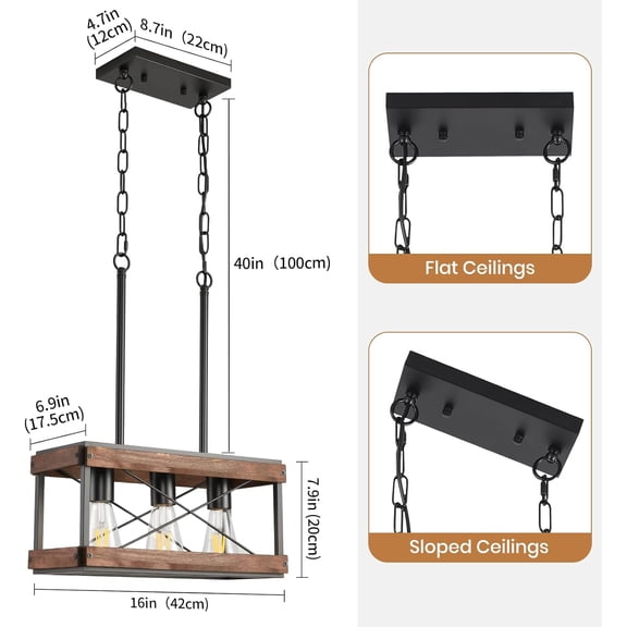 Solid Wood Farmhouse Kitchen Island Light, 3-Light Rustic Pendant Chandelier with Adjustable Height, Metal Linear Hanging Lamp for Dining Room Bar Pool Table