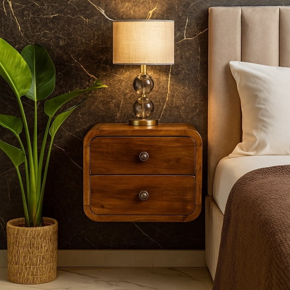 Solid Wood Floating Mini Nightstand with 2 Drawers, Chestnut Brown, Wall Mounted Bedside Table