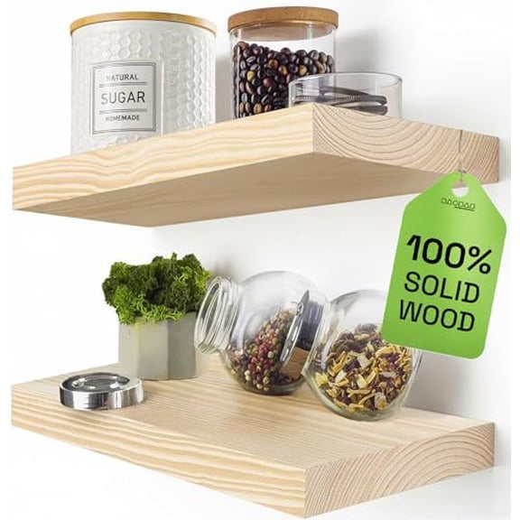 Solid Wood Floating Shelves for Wall 12 Inch Wide, Small Wooden Shelf Bathroom, Light Oak Floating Shelves for Room Wall Mounted Kitchen Farmhouse, Natural Wood, 12W × 6.7D, Set of 2