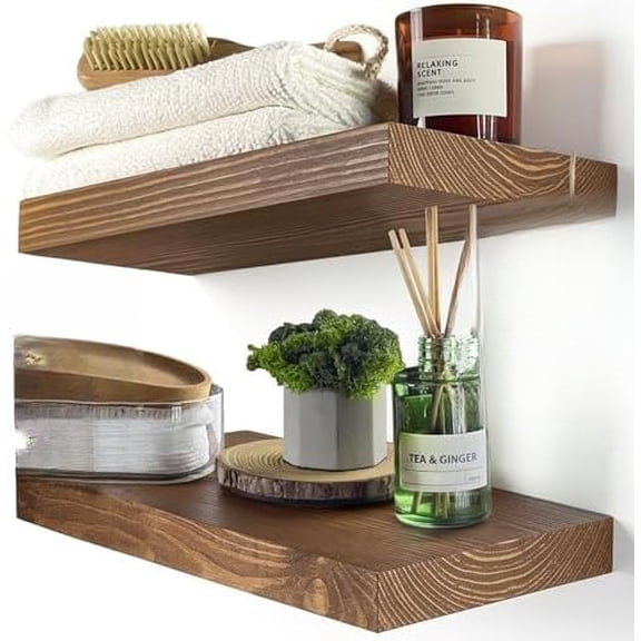 Solid Wood Floating Shelves for Wall 12 Inch Wide, Small Wooden Shelf Kitchen, Bathroom Shelves for Room Wall Mounted Rustic Farmhouse, Walnut Floating Shelves, 12W × 6.7D, Set of 2