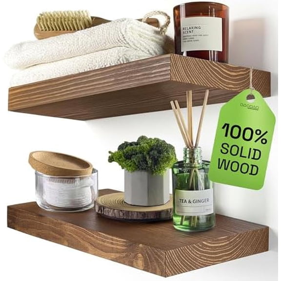 Solid Wood Floating Shelves for Wall 12 Inch Wide, Small Wooden Shelf Kitchen, Bathroom Shelves for Room Wall Mounted Rustic Farmhouse, Walnut Floating Shelves, 12W × 6.7D, Set of 2