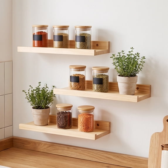Solid Wood Floating Wall Shelf, Anti‑Fall Baffle Design Wall Mounted Storage Rack, 2‑Way Install No Drill Display Shelf for Living Room Bedroom Decor