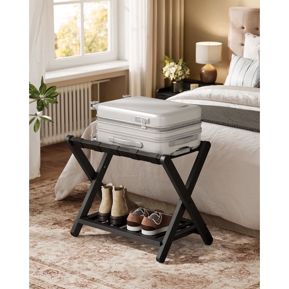 Solid Wood Foldable Luggage Rack, No Assembly Required Suitcase Stand with Storage Shelf, Sturdy & Space-Saving, Natural Wood, Ink Black