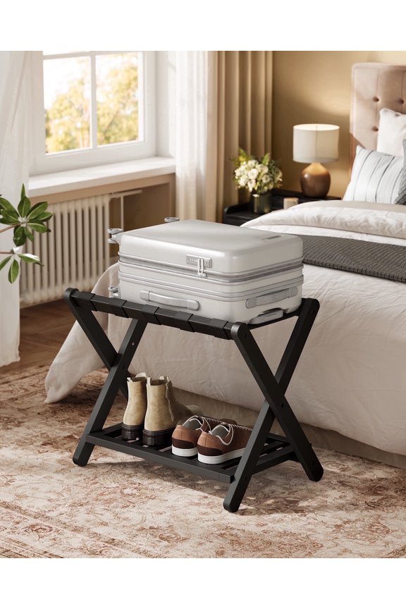 Solid Wood Foldable Luggage Rack, No Assembly Required Suitcase Stand with Storage Shelf, Sturdy & Space-Saving, Natural Wood, Ink Black
