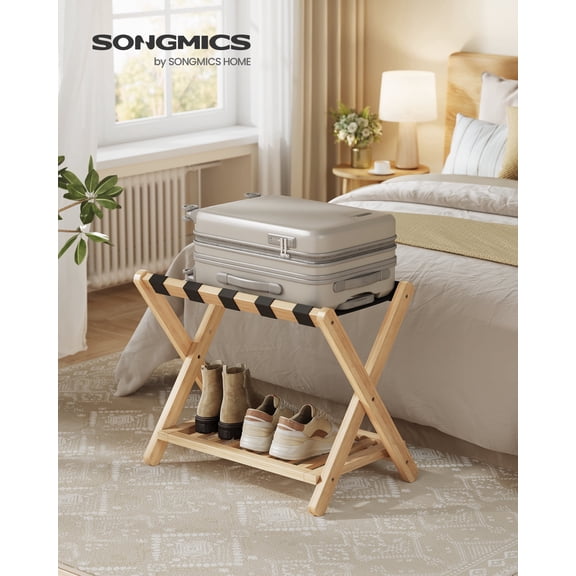 SONGMICS Solid Wood Luggage Rack, No Assembly Required, Foldable Suitcase Stand, Luggage Holder, with Storage Shelf, for Guest Room, Hotel, Bedroom, Natural Beige