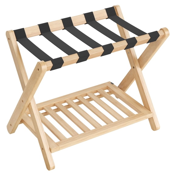 Solid Wood Foldable Luggage Rack, No Assembly Required Suitcase Stand with Storage Shelf