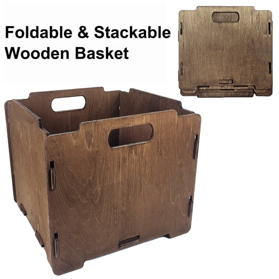 Solid Wood Foldable Storage Basket,Stackable Wooden Crate with Handles for Home Organization,Easy Assembly Decorative Wood Bin,13.6 in x 13.6 in x 12 in,2PC