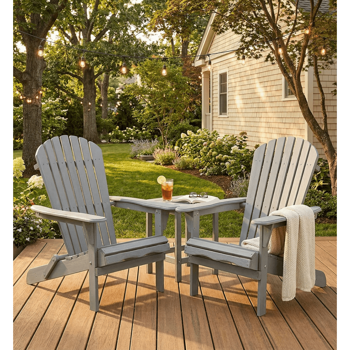 Solid Wood Folding Adirondack Chair Set of 2, Outdoor Wooden Lounge Patio Chair with Tall Backrest & Wide Armrests, Foldable Garden Chair for Lawn Backyard, Gray