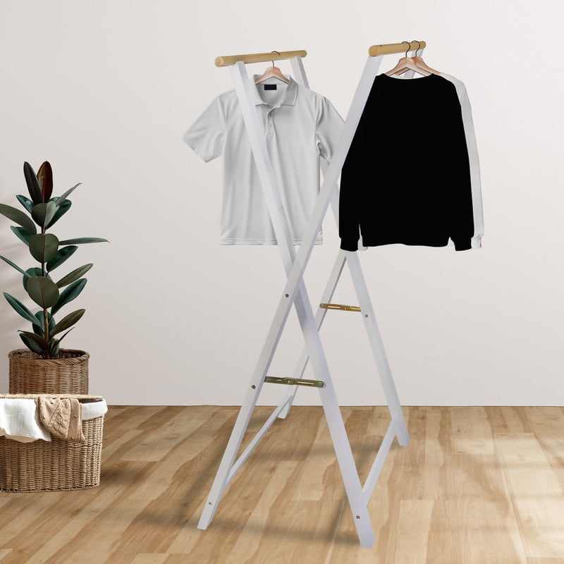 White Solid Wood Portable Folding Clothing Garment Rack