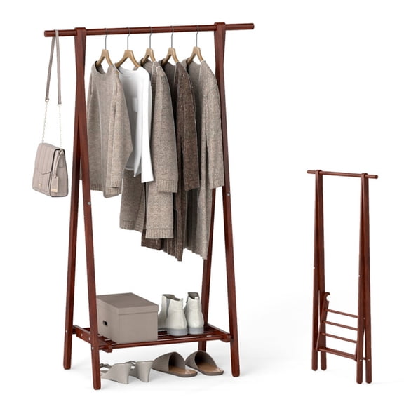 Solid Wood Folding Coat Rack with Storage Shelf, A-Frame Standing Clothes Hanger, Walnut, 33"W x 18"D x 58"H