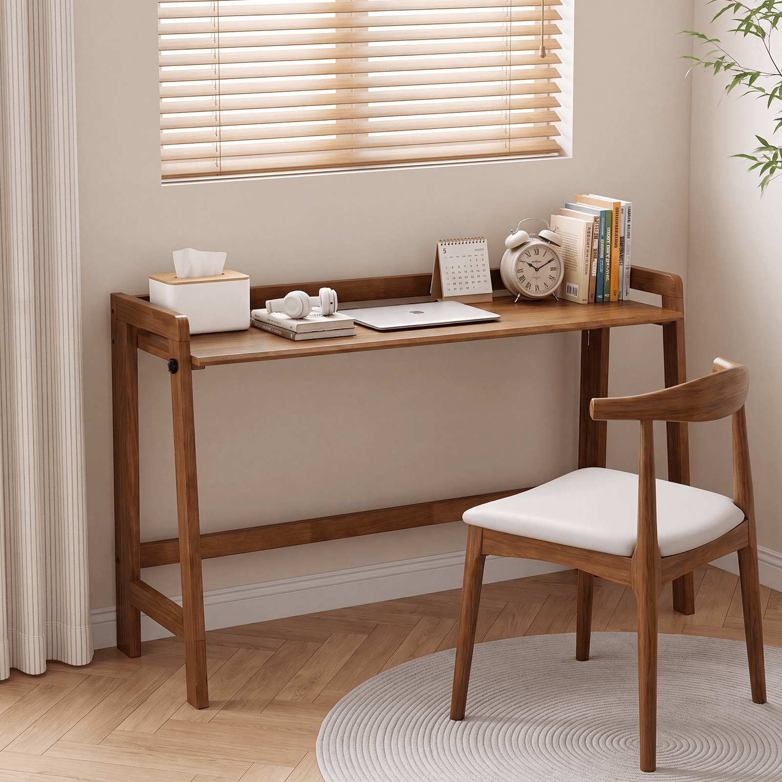 Solid Wood Folding Computer Desk 49 Inch, Mid Century Writing Study Desk with Cable Groove, Space Saving Foldable Work Table for Home Office Bedroom Small Spaces