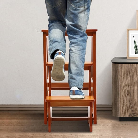 Solid Wood Folding Library Ladder Chair, 3-Step Stool Dual Purpose Stepladders, Lightweight Portable Multifunctional Step Stool Display Stand and Flower Stand for Home Offices (Honey)