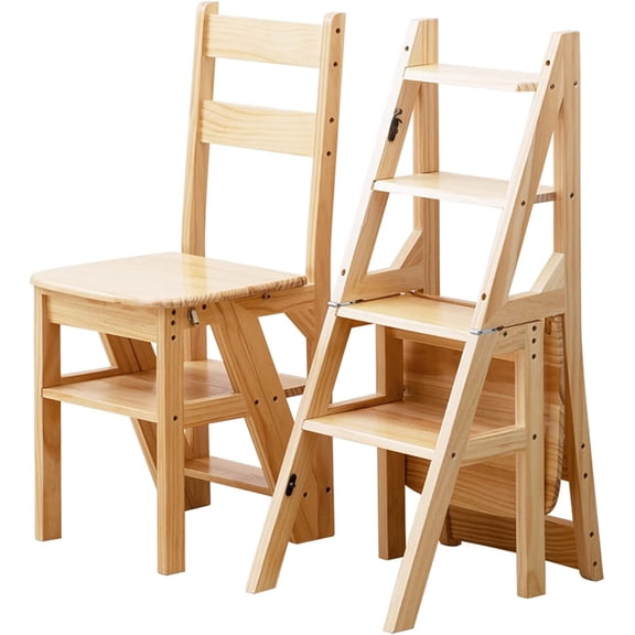 Solid Wood Folding Library Ladder Chair - 4-Step Stool Dual Purpose Stepladder - Climb Display Stand Flower Stand (Color: Wood, Size: 46x35x90CM)