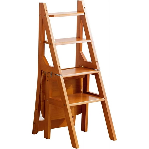 Solid Wood Folding Library Ladder Chair Step Ladders Step Chair Foldable 4-Step Stool Dual Purpose Stepladders 4-Step Climb Step Display Stand Flower Stand (Color : Brown, Size : 46x35x90CM)