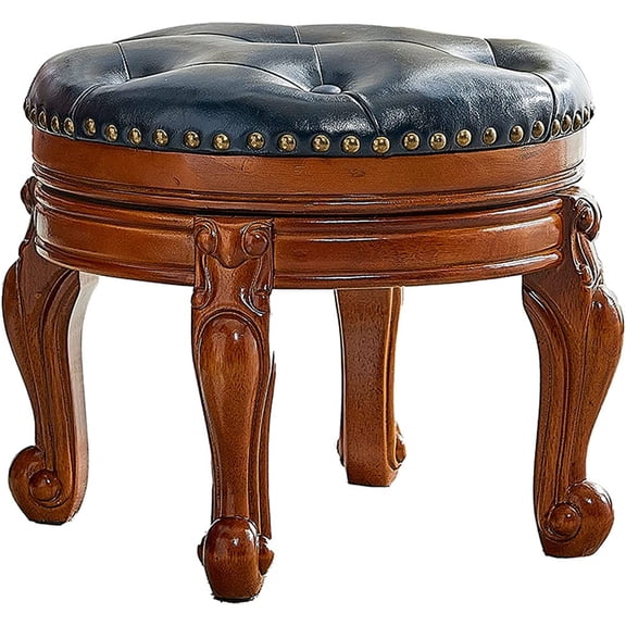 Solid Wood Foot Stool Round Ottoman Mid-Century Footrest Sofa Stool with Microfiber Leather Cushion for Living Room, Bedroom, Entryway (Dark Blue)