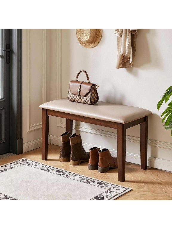 Solid Wood Frame Bench with Gray Tech Fabric Cushion and Breathable Upholstery, Farmhouse Storage Stool and Seating for Dining Room Entryway Bedroom, Gray