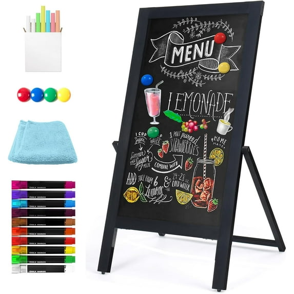 Solid Wood Frame Chalkboard with Stand - 40" x 20" Magnetic Double Sided Sandwich Board Signs Outdoor Chalk Board Easel Pizarra for Menu, Business, Cafe, Event - Black