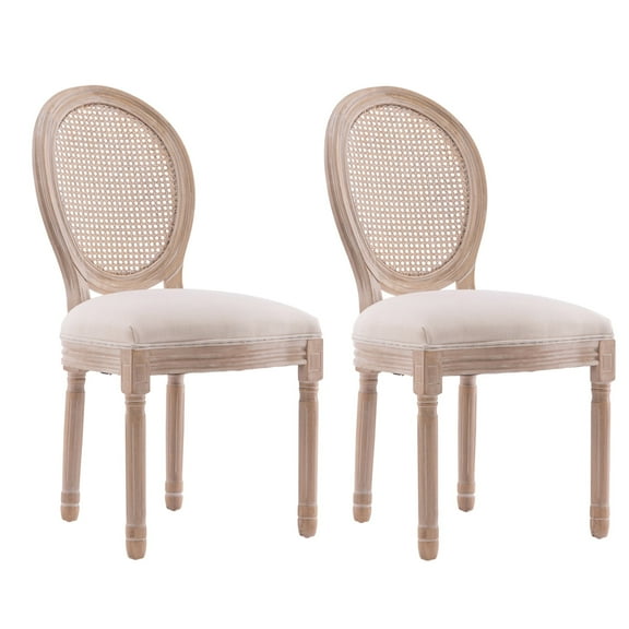 BIGWOO Solid Wood Frame Dining Chair Linen Fabric Rattan Oval Back,Set of 2,Beige