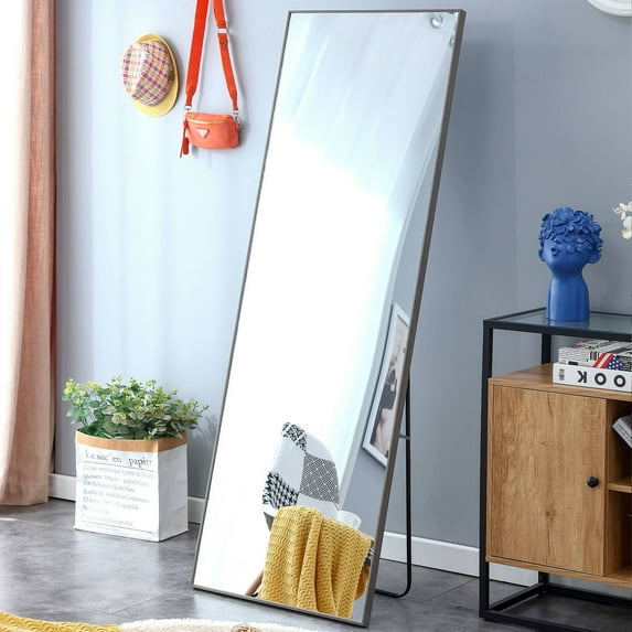 Solid Wood Frame Full-length Mirror, Wall Mirror for Bedroom, Bathrooms, Women, 65'' * 23'', Grey