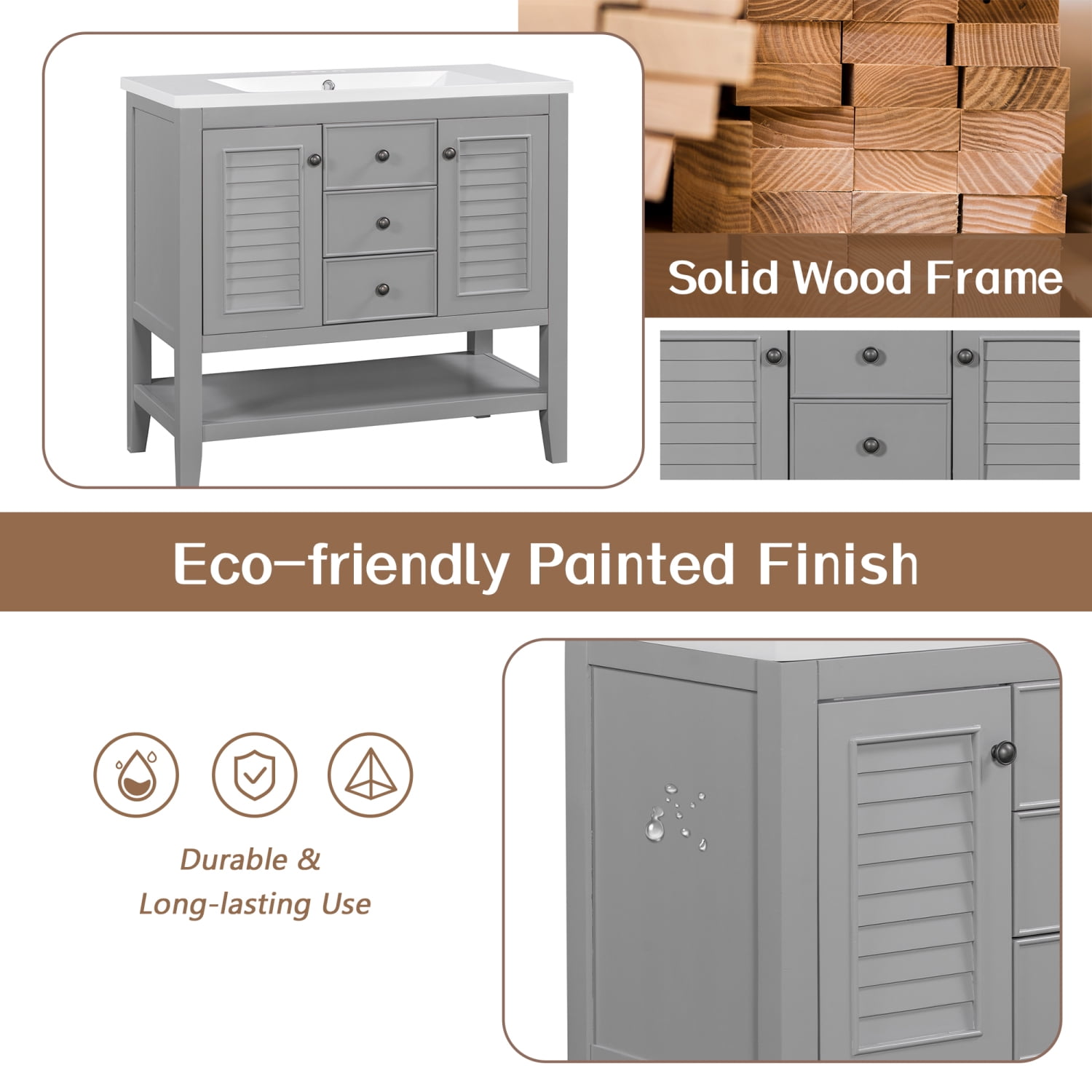 Solid Wood Frame Grey 36” Bathroom Vanity without Sink Base