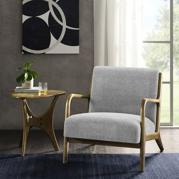 Solid Wood Frame Lounge Chair With Grey Textured Upholstery And Modern Style Upholstered Mid Century Armchair
