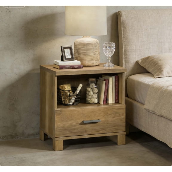 Solid Wood Frame Modern Bedside Table - Rustic Elegance Night Stand, Distressed Brown Finish Bedroom Side Table with Hidden Storage