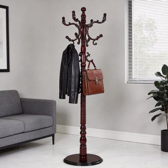 Solid Wood Freestanding Coat Rack, 73" Adjustable Height Coat Tree Freestanding Heavy Duty for Entryway, Easy Assembly, Red Wood with Resin Hooks