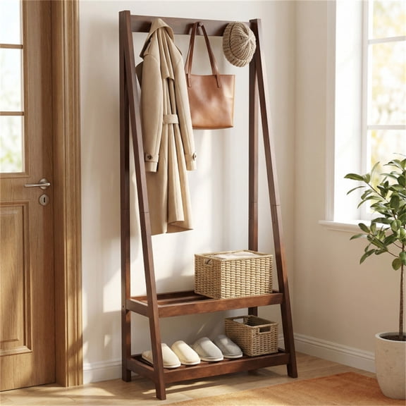 Solid Wood Freestanding Coat Rack A-Frame Entryway Organizer with 3 Hooks & 2 Shelves, Walnut Finish Shoe Storage & Garment Hanger for Bedroom, Closet, Hallway