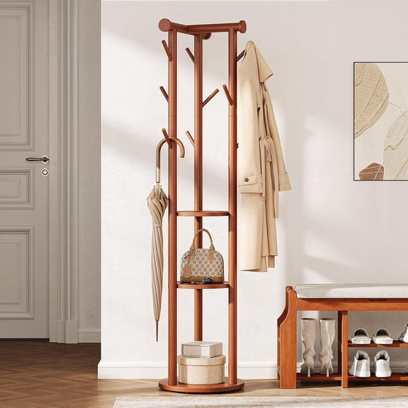 Solid Wood Freestanding Coat Rack, Coat Tree with 5 Wheels, Wooden Coat Stand with 9 Hooks & 3-Tier Shelves for Entryway, Bedroom, Hallway, Living Room