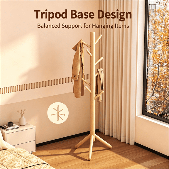 Solid Wood Freestanding Coat Rack, Tree Branch Coat Hanger Stand, Heavy Duty Portable Garment Holder for Entryway, Bedroom, Hallway & Closet