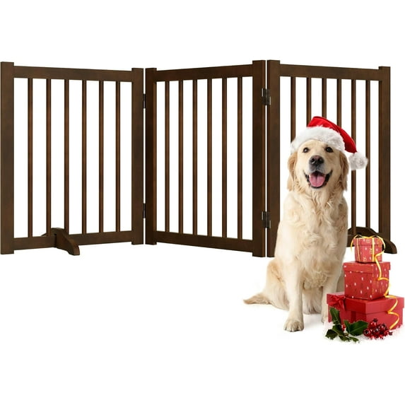 Solid Wood Freestanding Pet Gate - 3 Panels 24" - Folding Safety Fence with 2 Support Feet - Ideal for Stairs, Doorways, Halls, Kitchens - Indoor Wooden Dog Gate - Walnut Color