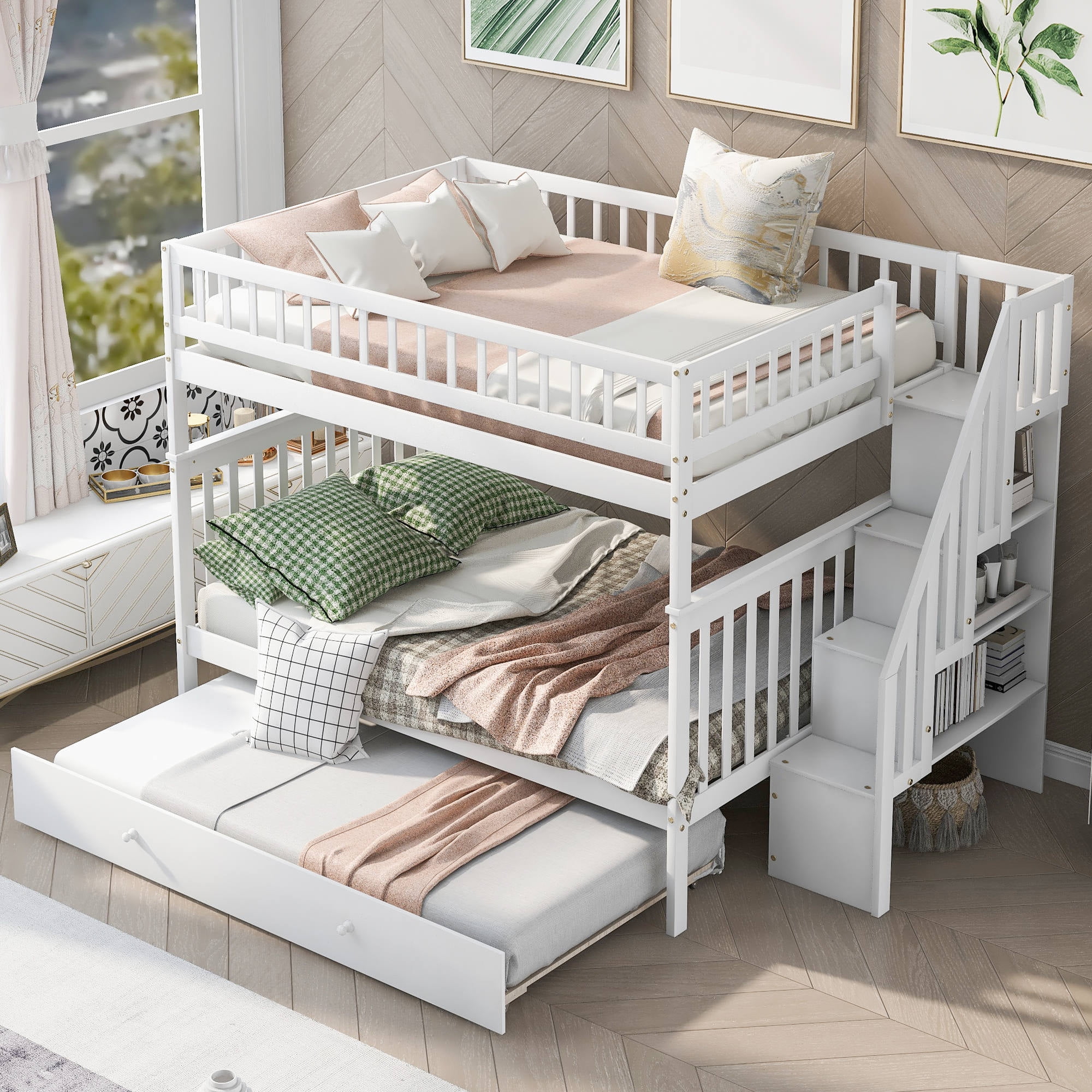 Solid Wood Full over Full Bunk Bed with Trundle and Staircase