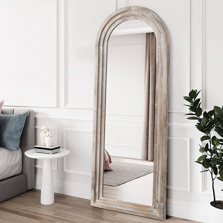64x21 Inch Rustic Farmhouse Full Length Mirror – White Wood Frame With Carved Scalloped Design For Bedroom Or Living Room