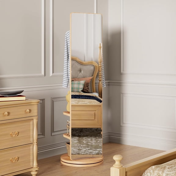 Solid Wood Full Length Mirror with Coat Rack, 360 Rotating Mirror with Storage for Bedroom, Living Room, Hallway, Small Space(Natural) 66"x14"