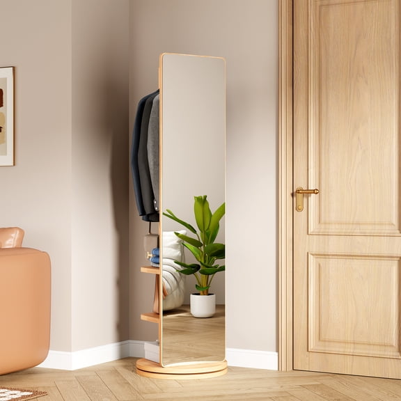 Solid Wood Full Length Mirror with Coat Rack, 360° Rotating Mirror with Storage for Bedroom, Living Room, Hallway, Small Space(Natural) 66"x14"
