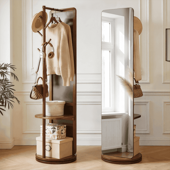 Solid Wood Full Length Swivel Mirror with Integrated Coat Rack and Storage Shelves, 70" x 19" Rotating Standing Floor Mirror for Bedroom, Walnut